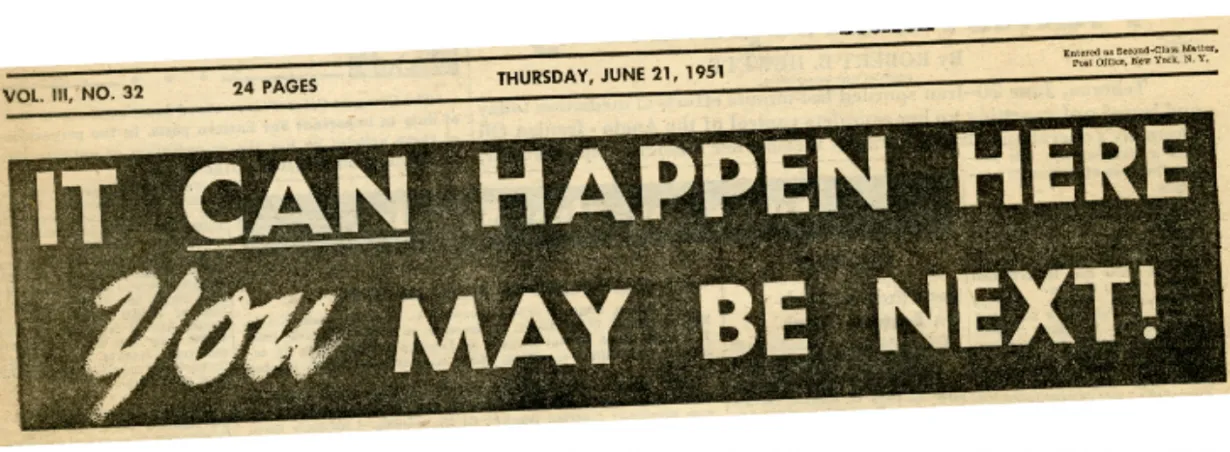 1950s era headline reads "It CAN Happen Here. YOU May Be Next."