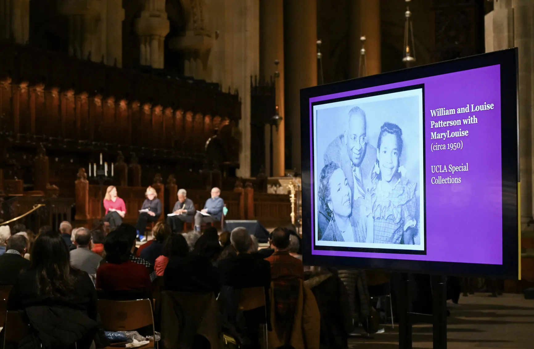 William and Louise Patterson with Mary Louise photograph from UCLA Special Collections on screen at event
