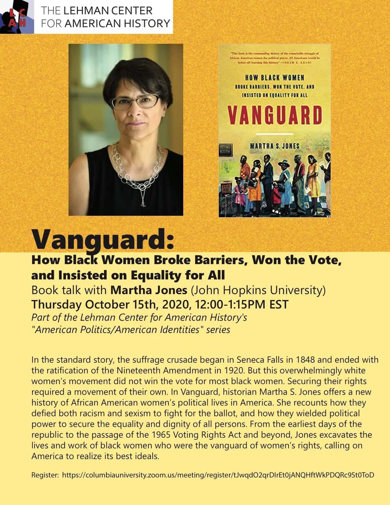 Event poster for book talk called "Vanguard: How Black Women Broke Barriers, Won the Vote, & Insisted on Equality for All" by Martha S. Jones (Johns Hopkins University)