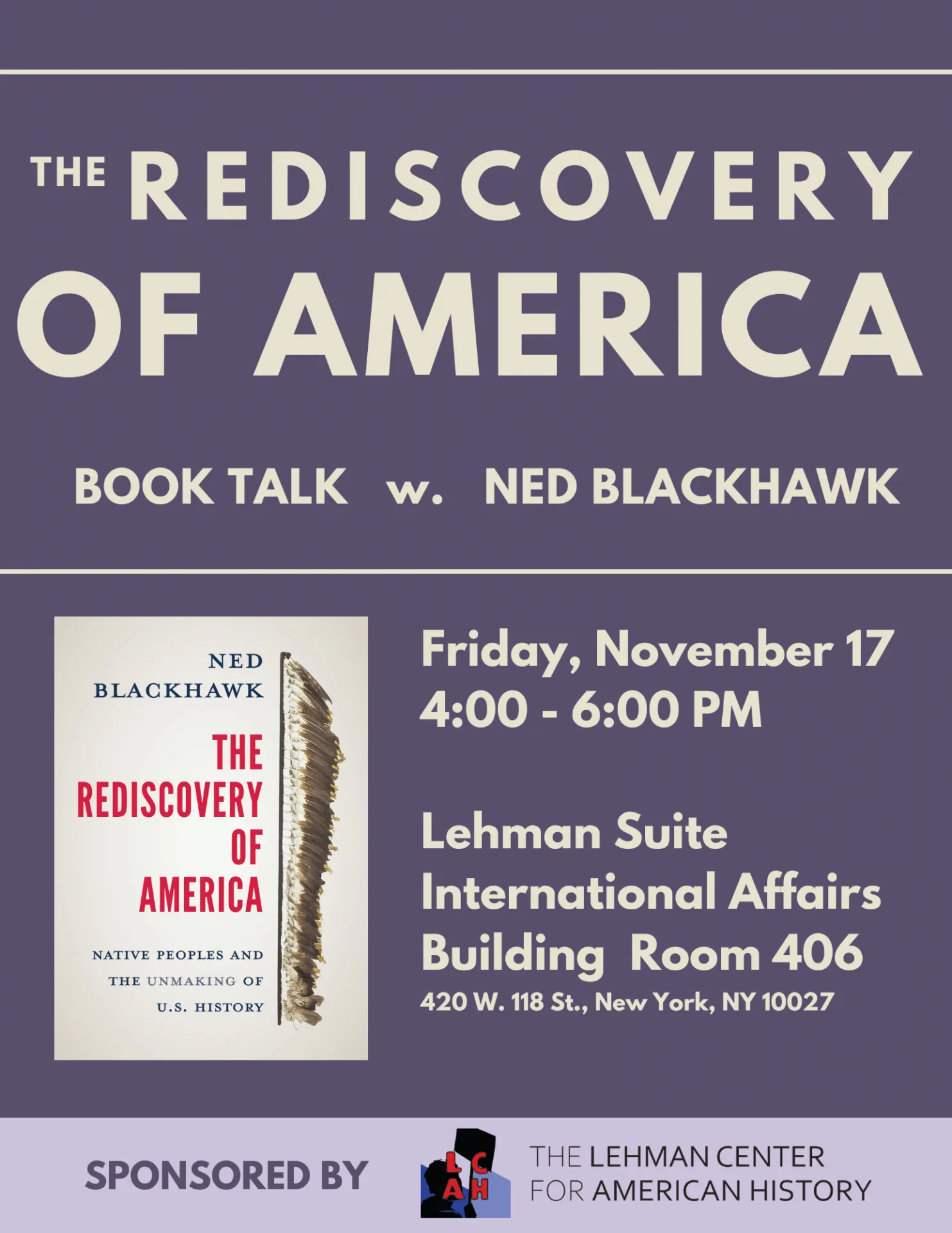 Event poster for book talk called "The Rediscovery of America" by Ned Blackhawk (Yale University)