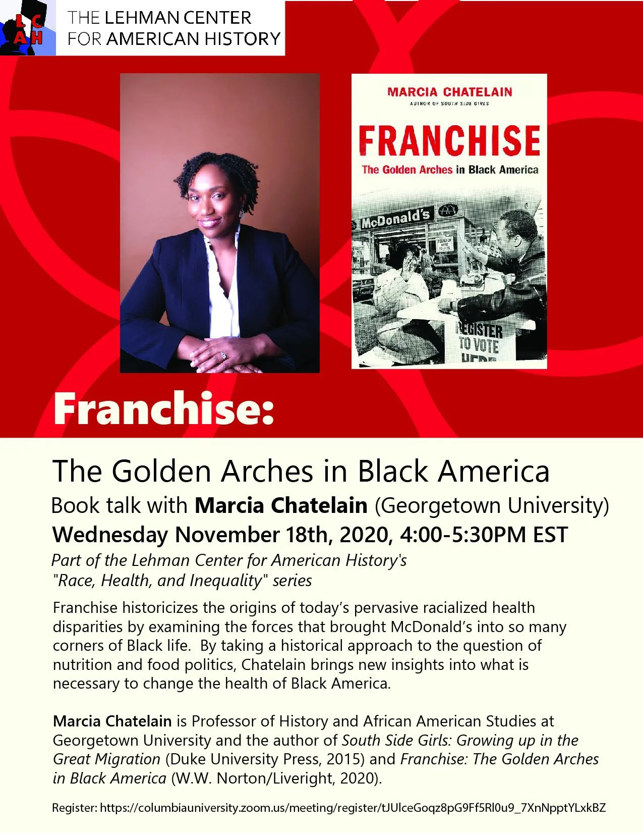 Event poster for book talk called "The Golden Arches in America" by Marcia Chatelain (Georgetown University)