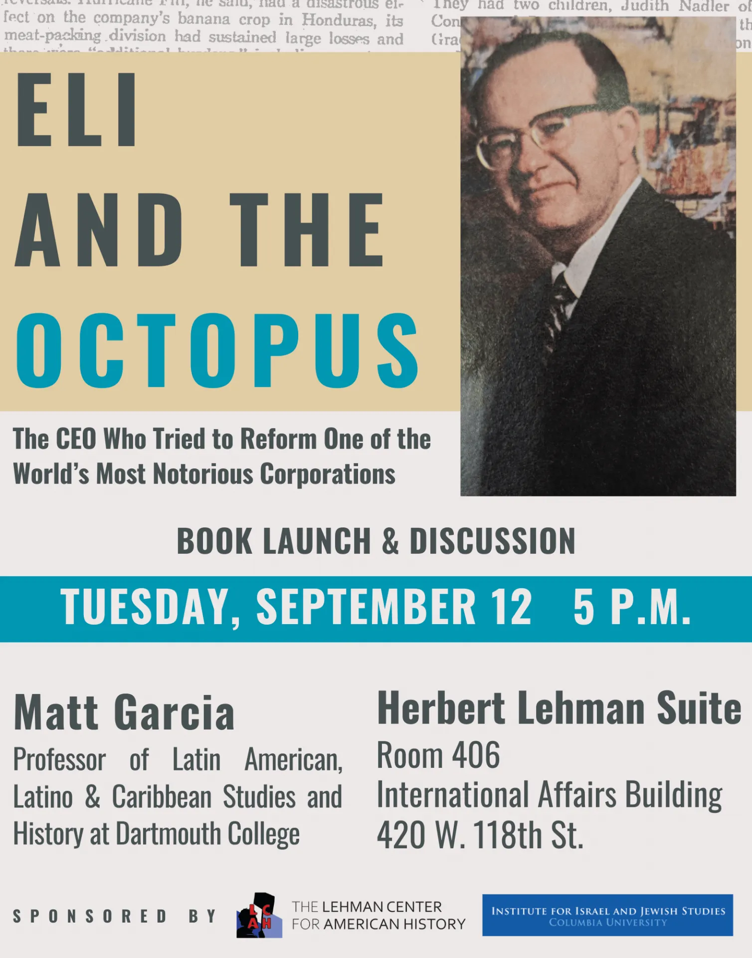 Event poster for book talk called "Eli and the Octopus" by Matt Garcia (Dartmouth College)