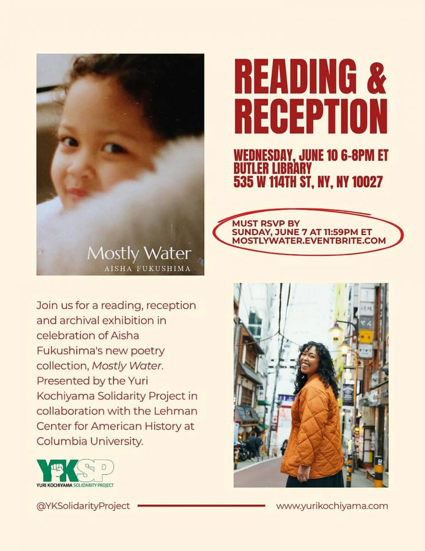 Flyer for Mostly Water event with Aisha Fukushima