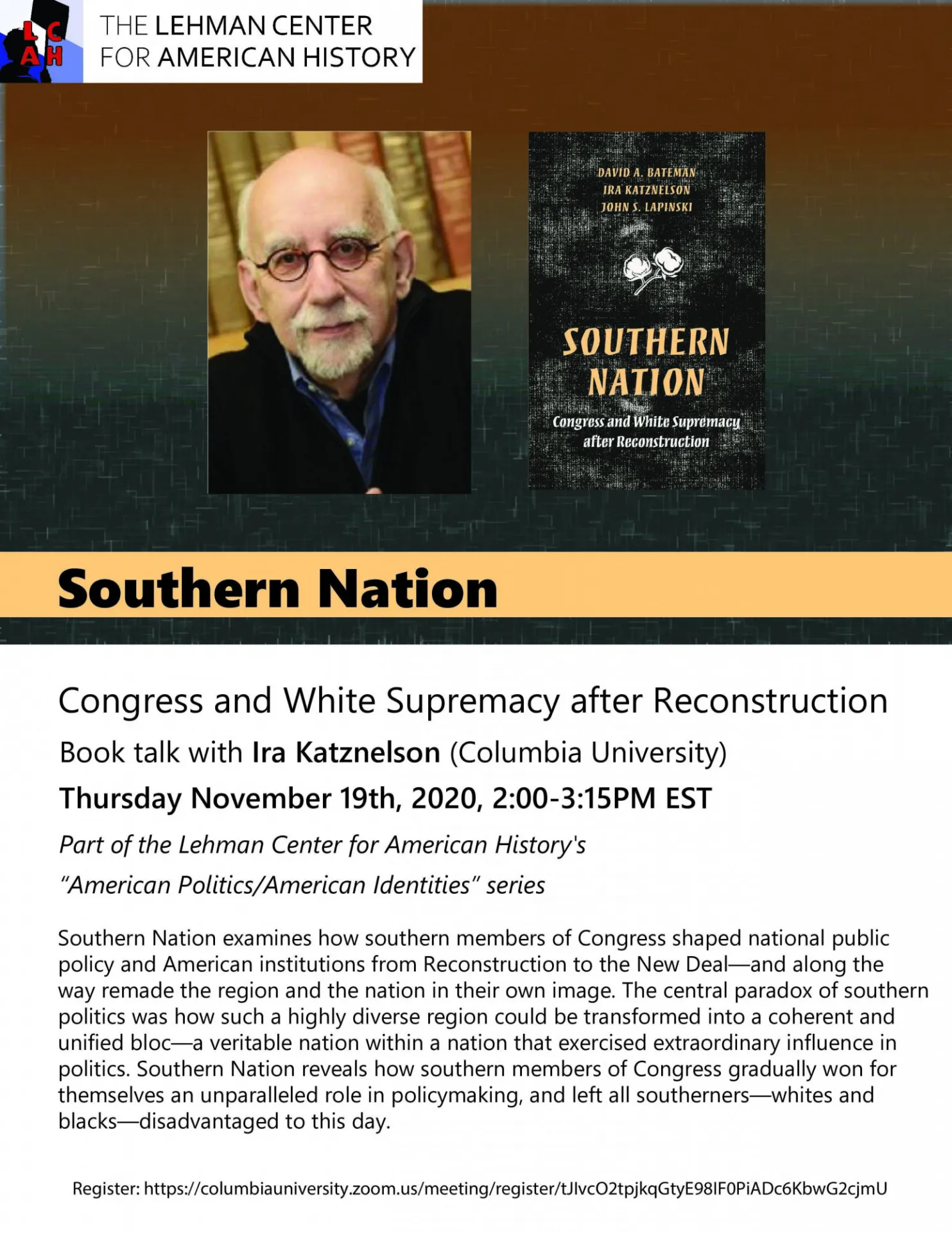 Event poster for book talk called "Congress and White Supremacy After Reconstruction" by Ira Katznelson (Columbia University)