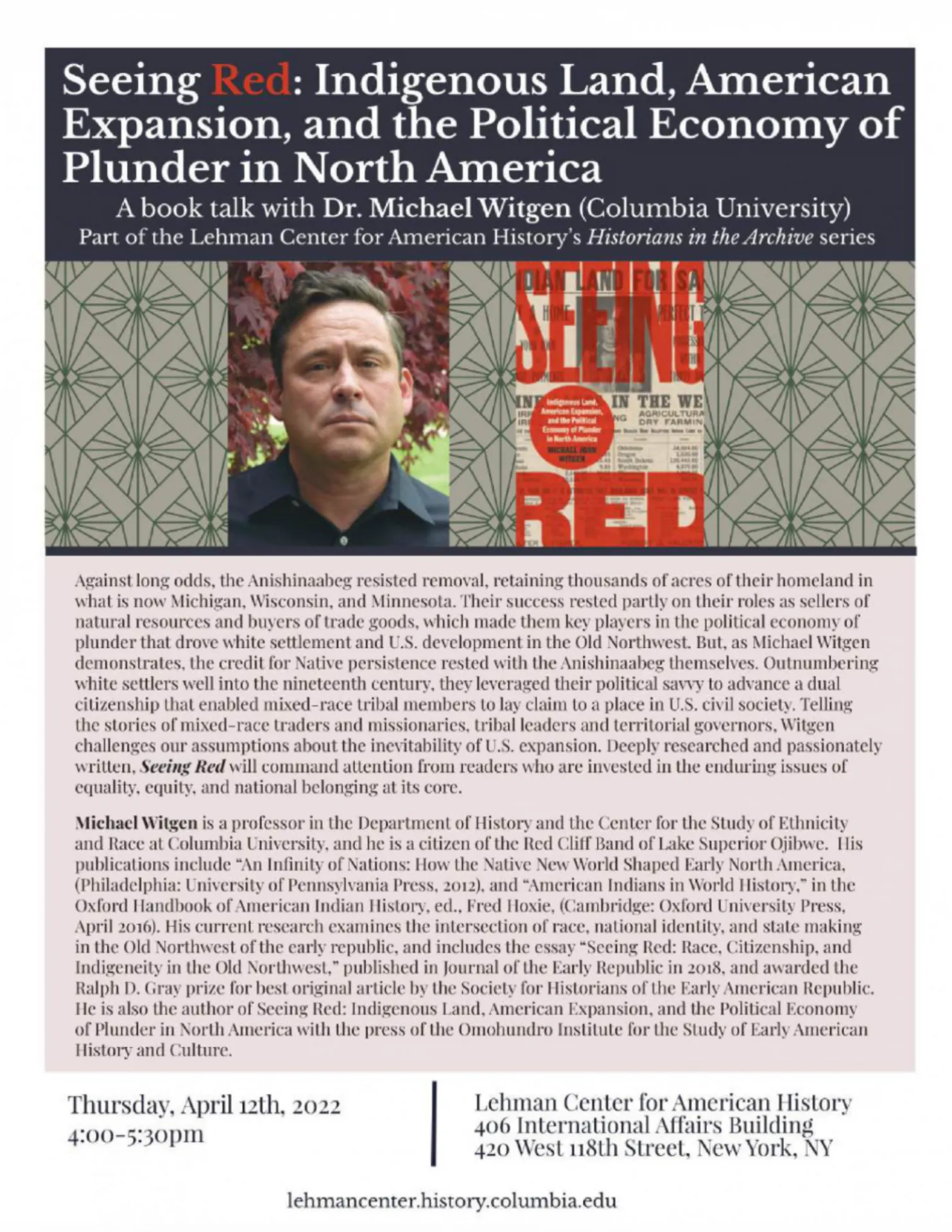 Event flyer for "Seeing Red: Indigenous Land, American Expansion, and the Political Economy of Plunder in North America," Michael Witgen, January 23, 2022
